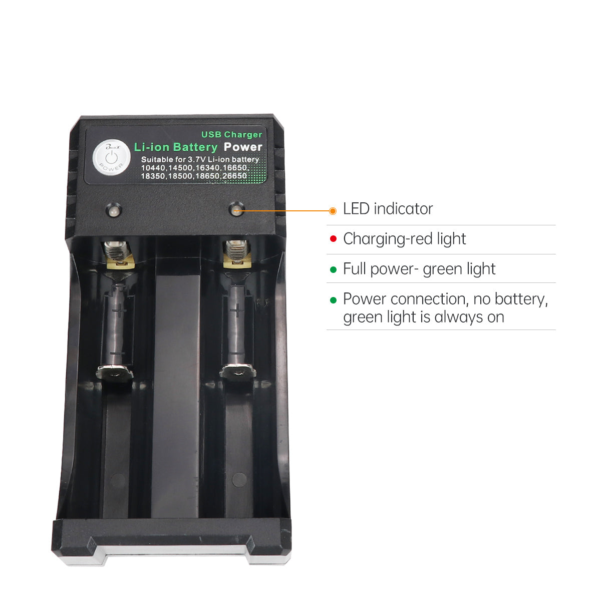 Li-ion Battery Power 2-Slots 18650 Battery Charger with USB Li-ion Battery Power 2-Slots 18650 Battery Charger with USB